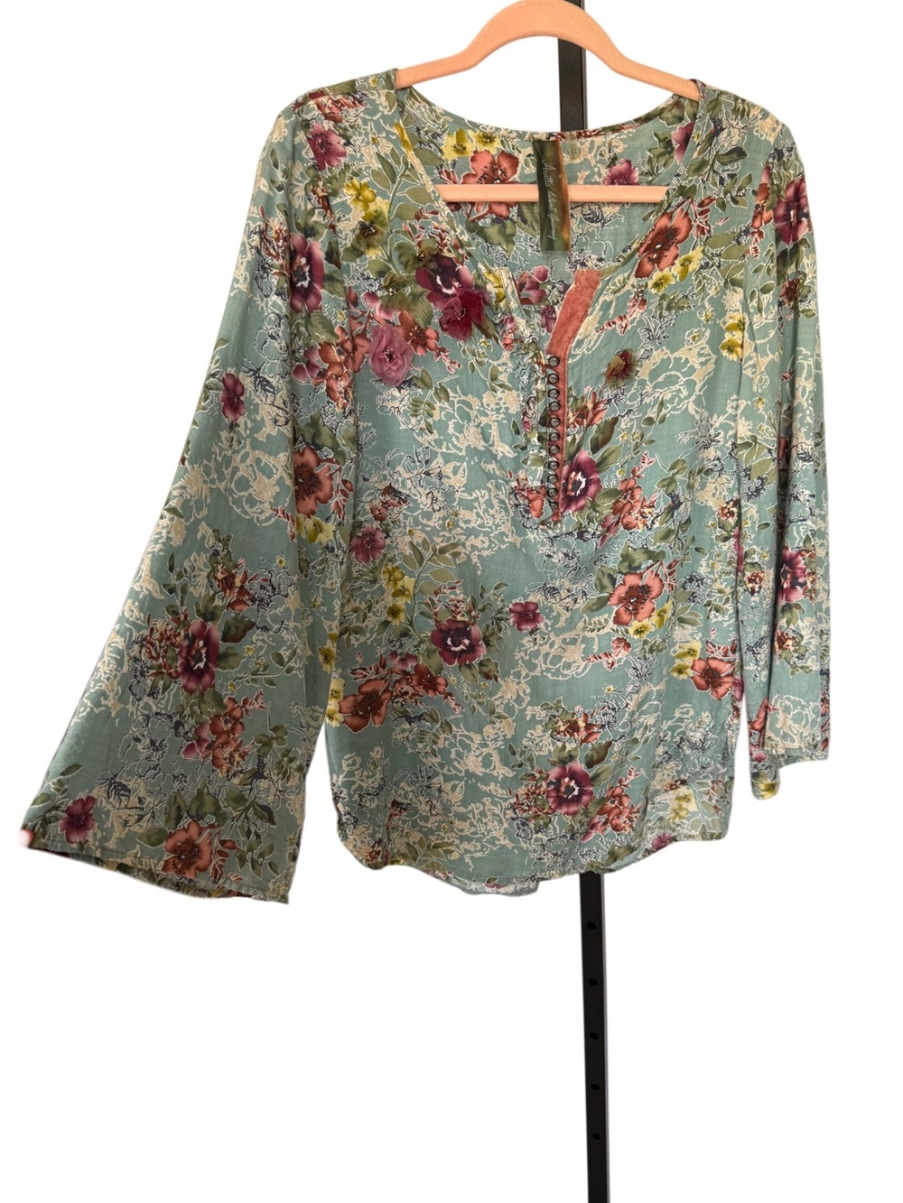 Aratta Silent Journey Floral Split Neck Bell Sleeve Tunic Top Size XS Fairy Boho